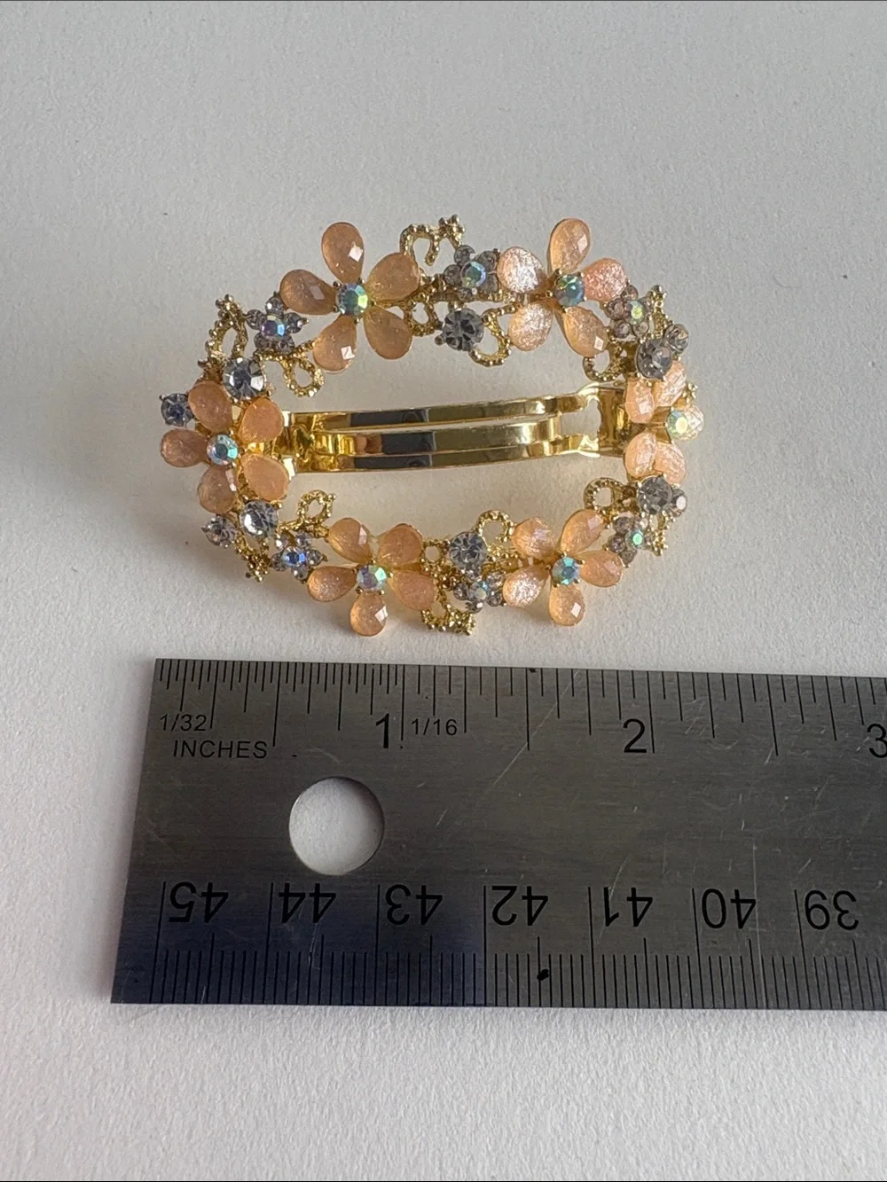 Gold Floral Hair Barrette Peach Flowers Crystal Rhinestone Accent